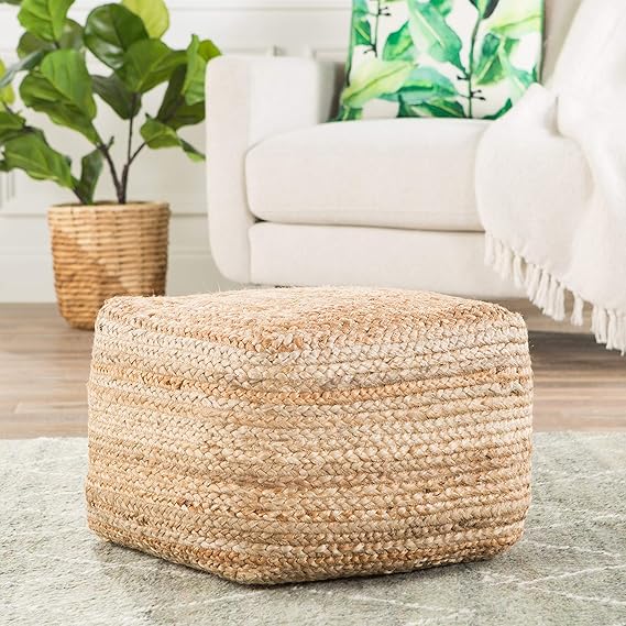 Natural Jute Ottoman, Beige Braided Rows Square Pouf Beads