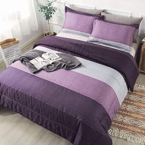 Amazon Com Andency Stripe Comforter Set Full Size 79x90 Inch 3 Pieces Purple And Gray Patchwork Striped Comforter Soft Microfiber Down Alternative Comforter Bedding Set With Corner Loops Eggplant Grey Kitchen Dining