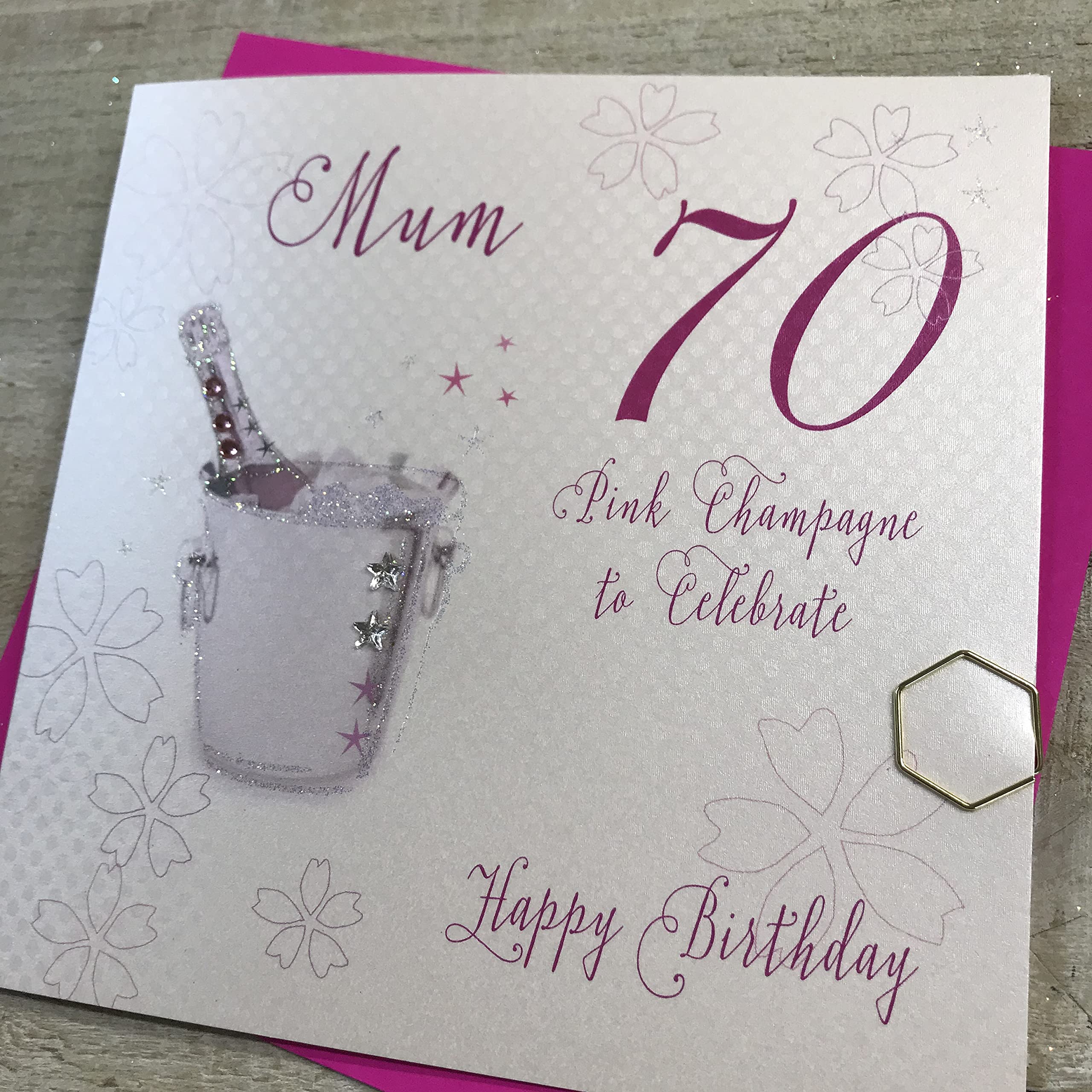 white cotton cards "Pink Champagne, 70 to Celebrate Mum Happy Birthday Handmade Glittered 70th Birthday Card, White, wba70p-m