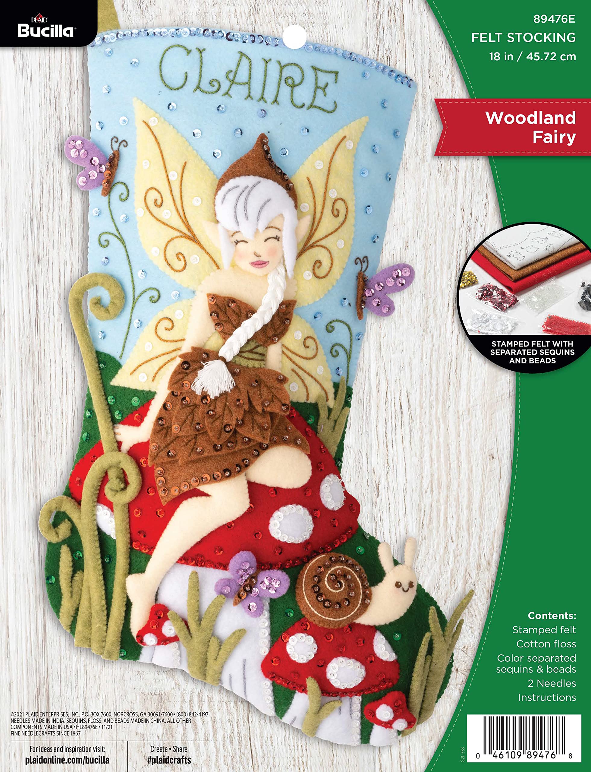 Bucilla, Woodland Fairy 18" Felt Applique Stocking Making Kit, Perfect for DIY Needlepoint Arts and Crafts, 89476E