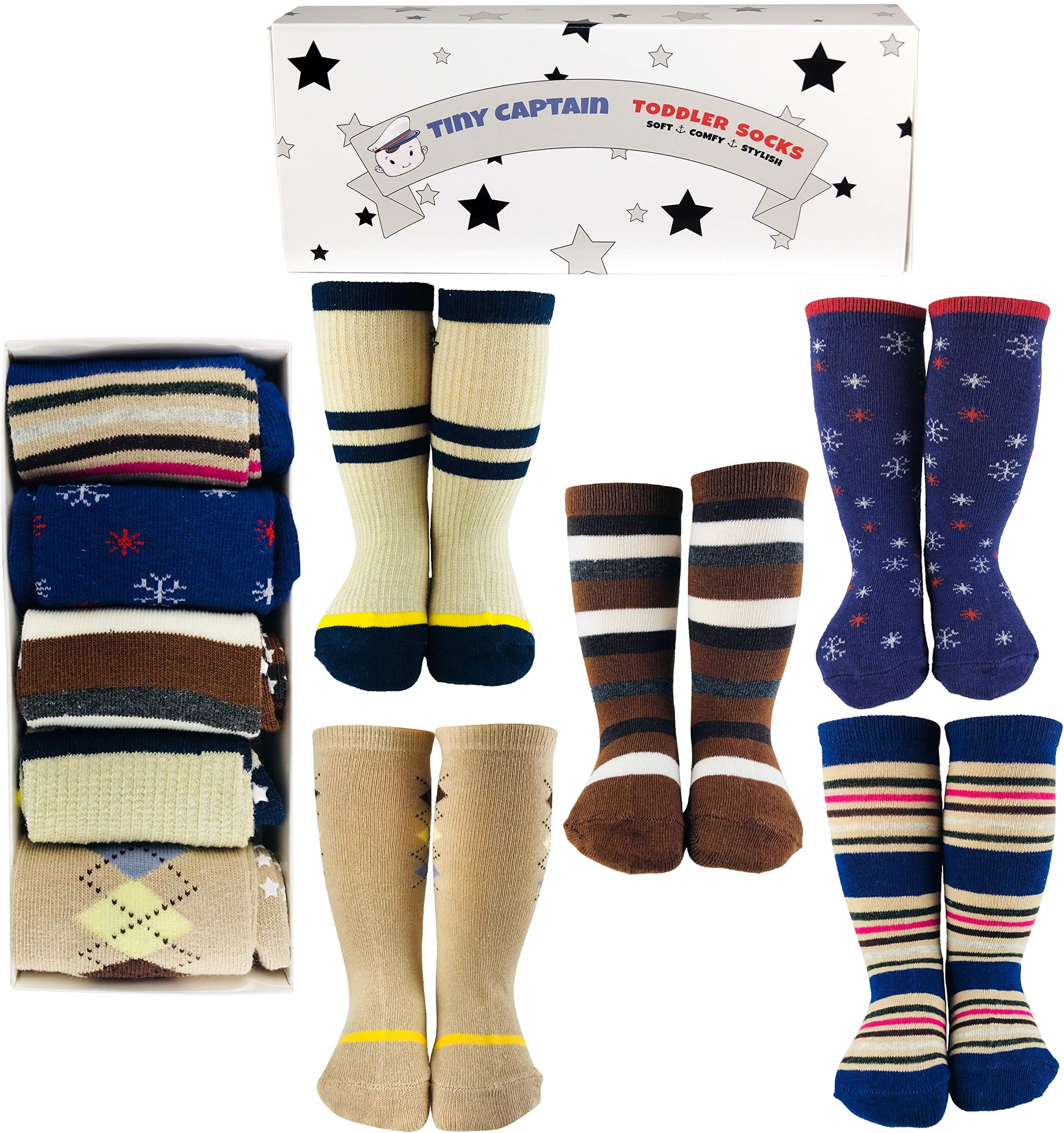 Tiny Captain Toddler Socks 1-3 Year Old Long Knee High Best Gift for Boys Age 1 (Blue and Tan)