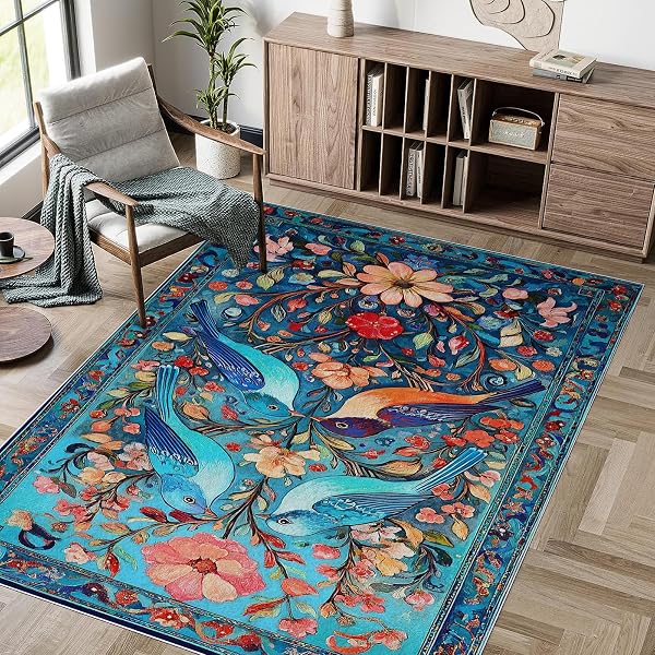 5X7 BIRD AREA RUGS BOHO BIRD FLORAL FLOWER BOTANICAL BLUE RUG FOR LIVING ROOM INDOOR SOFT NON-SLIP THIN CARPET MODERN ABSTRACT RUGS FOR DINING ROOM OFFICE BEDROOM UNDER TABLE WASHABLE MACHINE