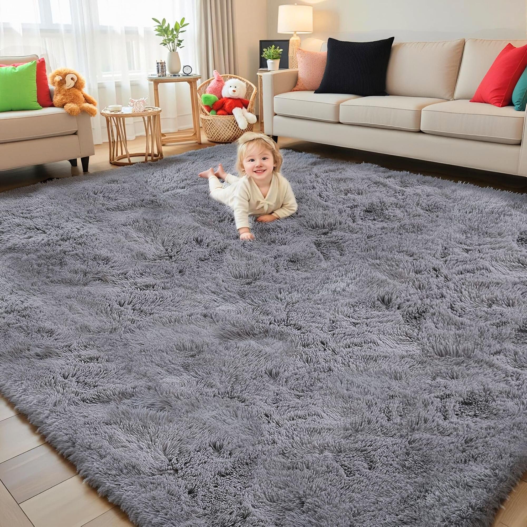 MOONLIGHT20015 Rugs Living Room 120 x 170 – Fluffy Grey Area Rugs for Bedroom – Super Soft Large Shaggy Pile Non Slip Non-Shedding Rug – Modern Plush Carpet for Lounge