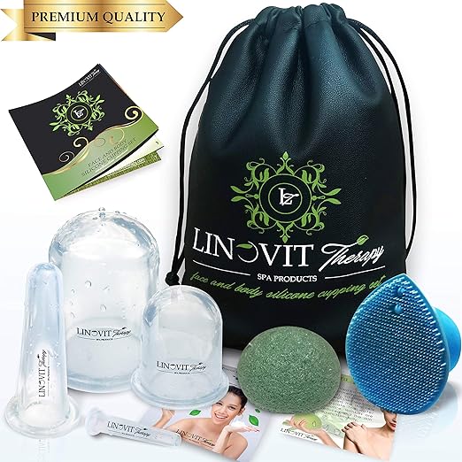 Silicone Cupping Therapy Sets - Facial Cupping Set for Body Massage, Anti Cellulite - 4 Vacuum Suction Cups for Pain Relief (Face Set + Konjac Sponge) best cellulite products