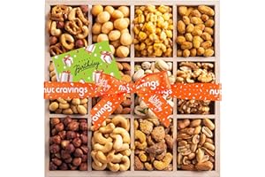 NUT CRAVINGS Gourmet Collection - Happy Birthday Treats, Nuts Gift Basket with Bday Ribbon in Reusable Wooden Tray (12 Assortments) Food Arrangement, Healthy Snack Care Package, Food Assortments