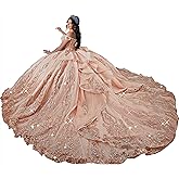 Zhangyo Off Shoulder Quinceanera Dresses with Train Ruffle Tulle Sweet 15 16 Dresses Sparkly Lace Ball Gown