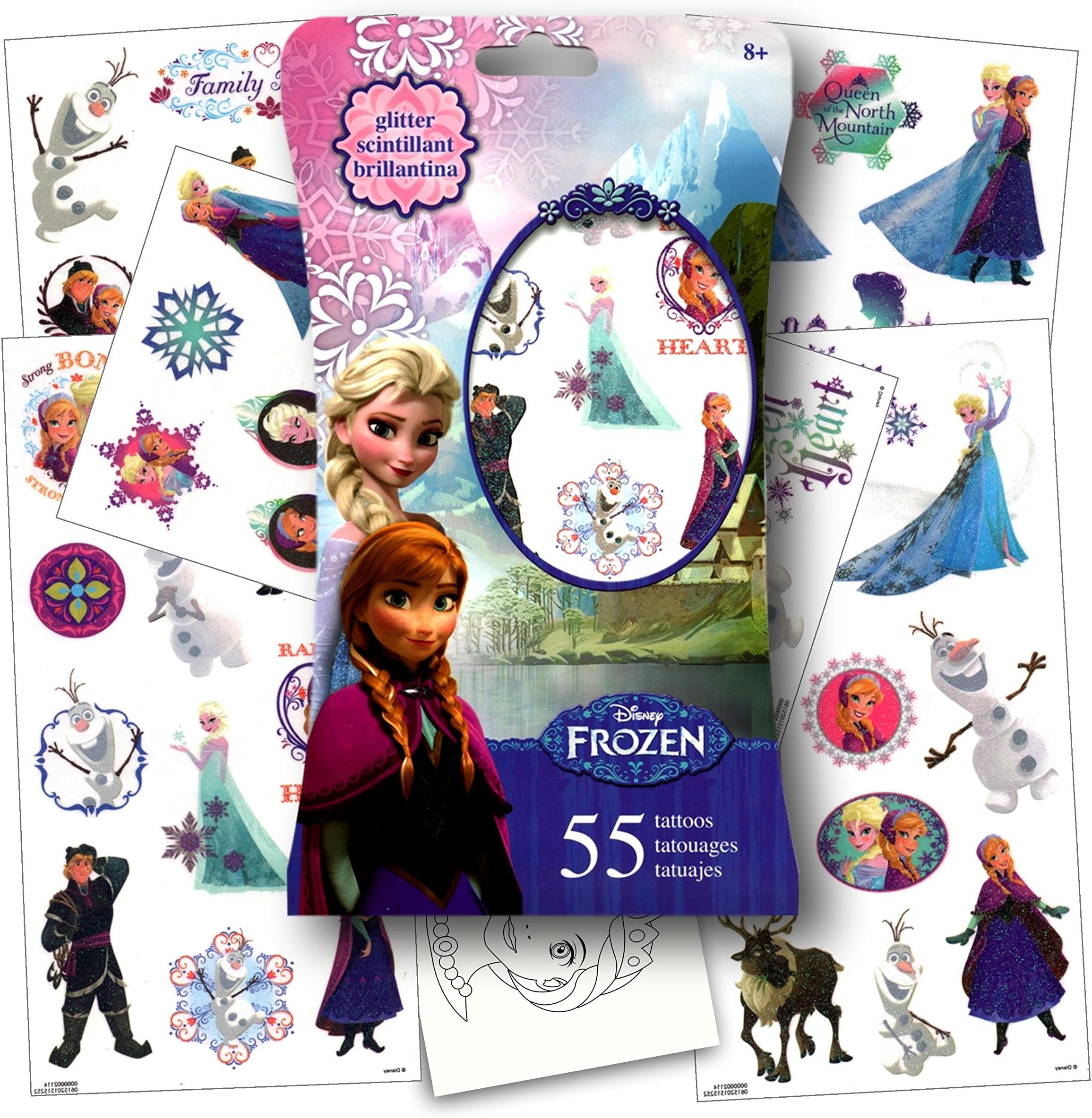 Disney Frozen Glitter Temporary Tattoos Featuring Featuring Anna, Elsa, Olaf & More.This Set Includes 55 Glitter Tattoos Plus 1 large 3X3 Inch Specialty Coloring Princess Sticker