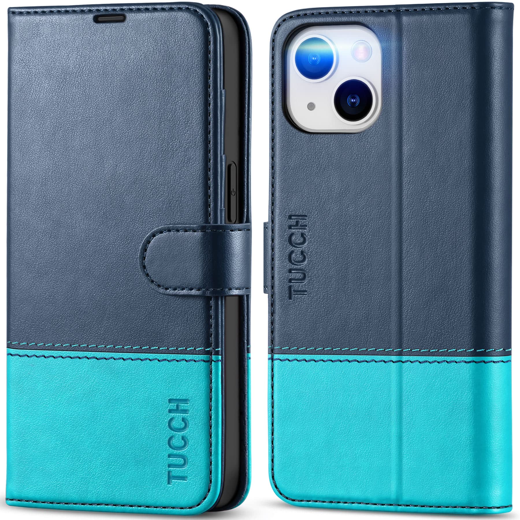 Photo 1 of TUCCH Wallet Case for iPhone 14, [RFID Blocking] [4 Card Slots] TPU Interior Protective Case, Magnetic Folio Shockproof PU Leather Stand Flip Cover Compatible with iPhone 14 6.1, Dark Blue&Lake Blue