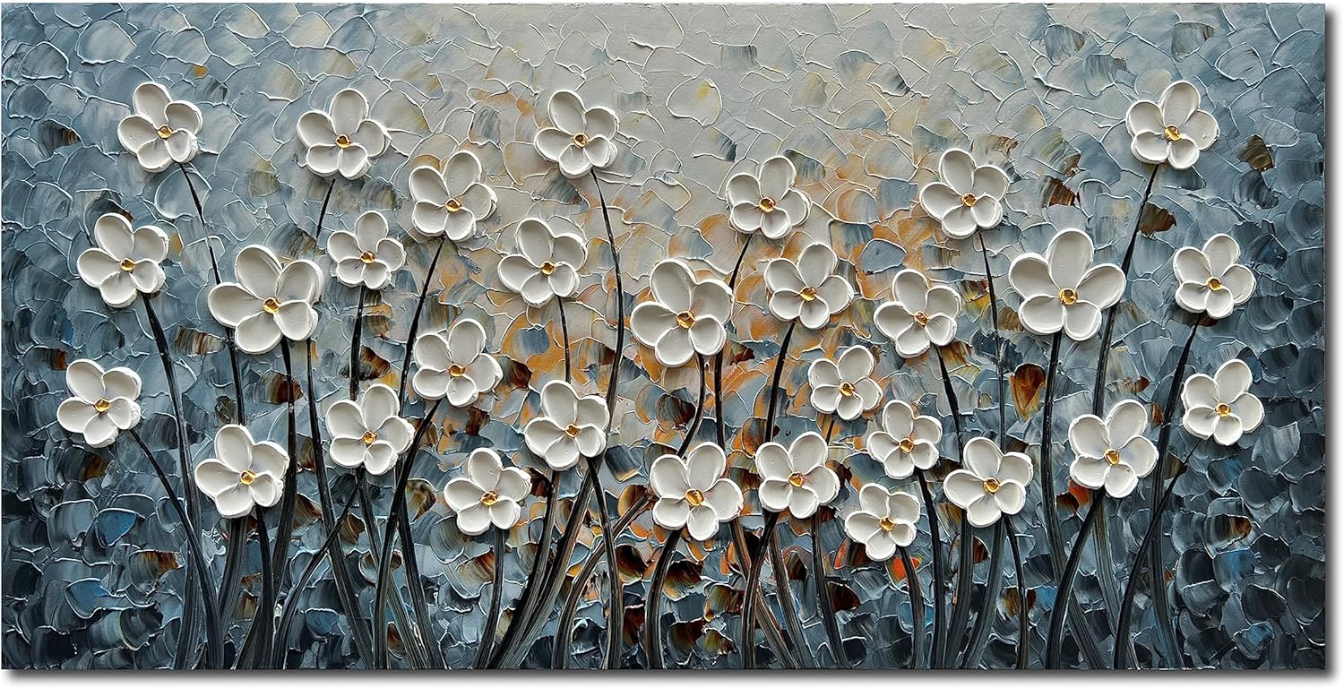 Paintings - Epicler art White Flower Canvas Wall Art Painting Hand-Painted Contemporary art Works Living Room, Bedroom, Dining Room Wall Decoration 24x48 Inch