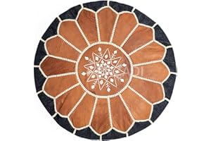 KENZADI Genuine Leather Ottoman Pouf Cover Hand Stitched in Marrakech by Moroccan Artisans, Footstool, UNSTUFFED (Tan with Blue Jean)