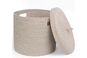 WILLITAT Storage Basket with Lid, Woven Blanket Storage for Living Room, Soft Cotton Rope Bin with Lid, Round Wicker Laundry Basket with Cover, Lidded Kids Dog Toy Bin, Nursery Organizer, 15" x 13"