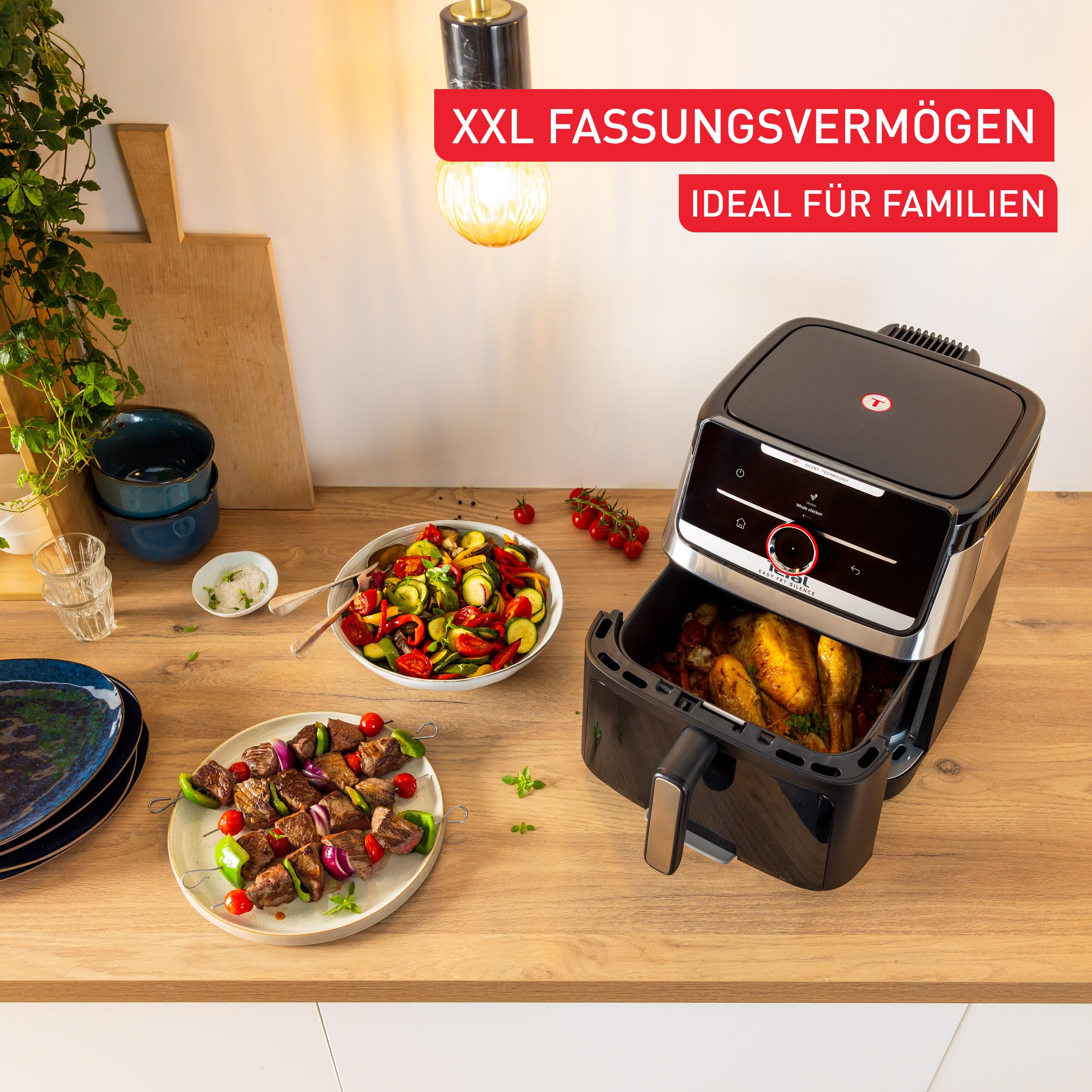 Tefal Easy Fry Silence Heißluftfritteuse, 7 L Fassungsvermögen, Silent-Technologie, Smart Assist System, bis zu 8 Portionen, abnehmbare Front mit Sichtfenster, Schwarz, EY876DE0 5