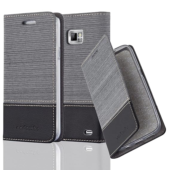 Cadorabo Hülle für Samsung Galaxy S2 / S2 Plus - Hülle in GRAU SCHWARZ – Handyhülle mit Standfunktion und Kartenfach im Stoff Design - Case Cover Schutzhülle Etui Tasche Book