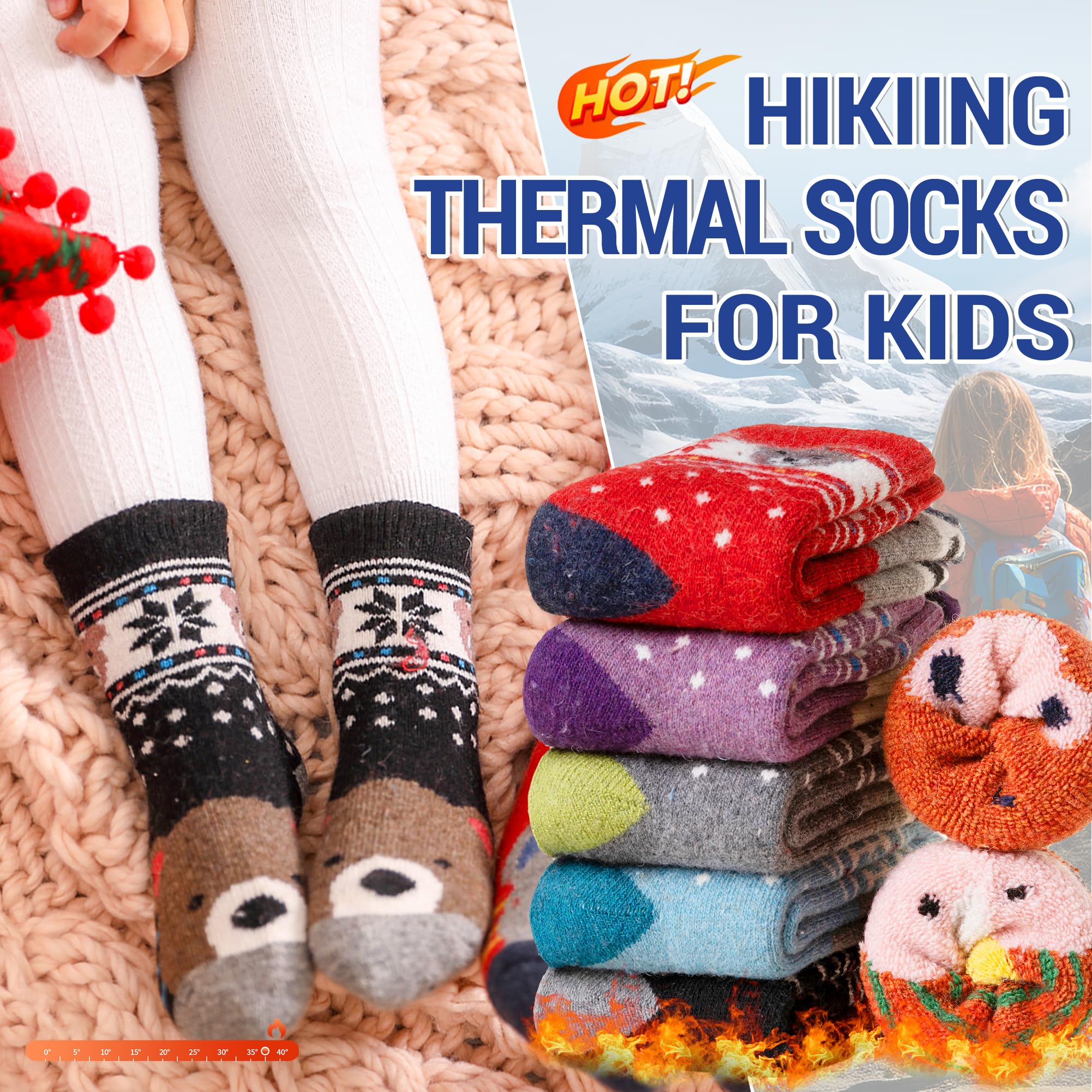 Eocom Kids Wool Socks For Boys Girls Warm Hiking Thermal Winter Cozy Soft Thick Toddlers Crew Boot Socks 6 Pairs