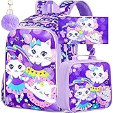 KLFVB 3PCS Girls Cat Backpack, Water Resistant Kids Bookbag with Lunch Box, 16" Preschool Backpacks for Elementary - Purple Cat