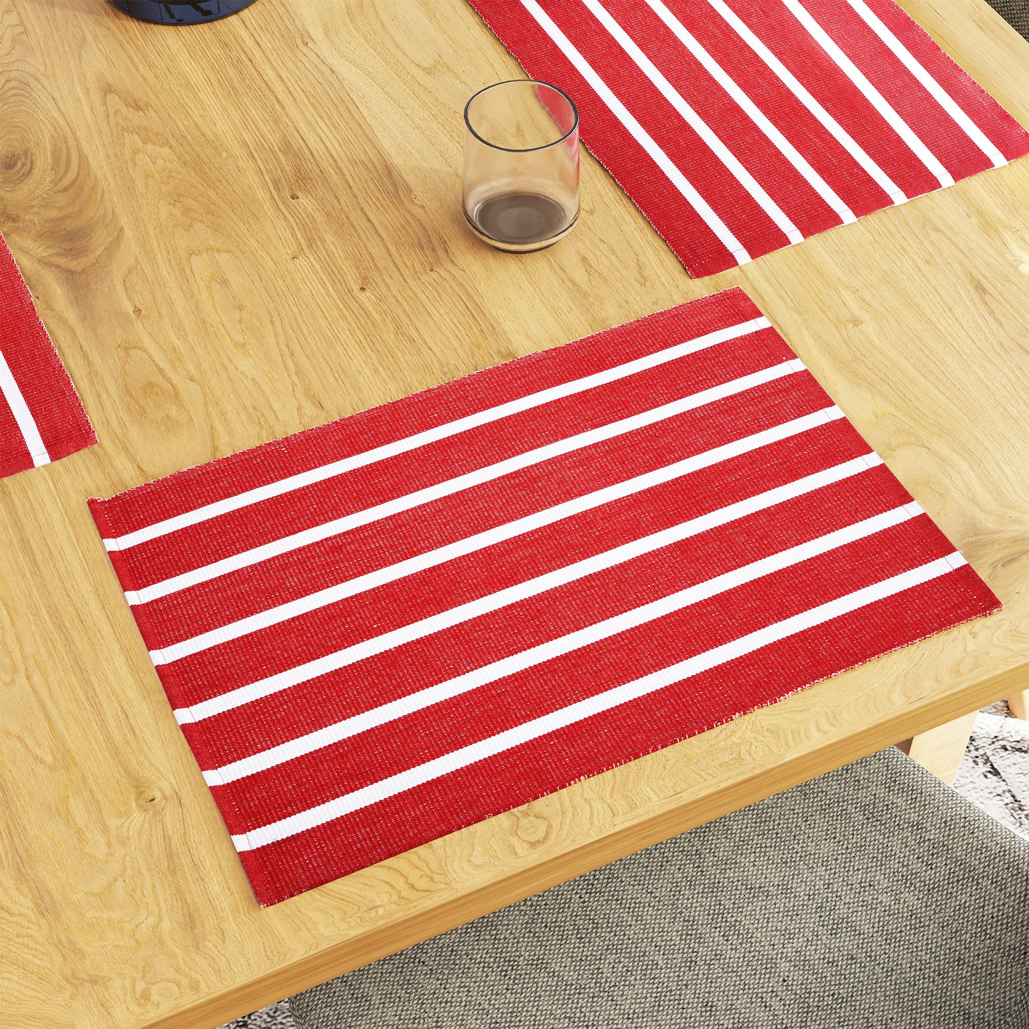 Encasa XO Dining Placemat Set of 6 | Solid Roma Red Stripes Color | Fine Ribbed Cotton Table mat | Size 19x13 in | Machine Washable — image 1