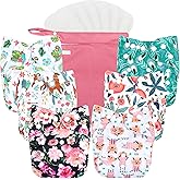 wegreeco Cloth Diapers 6 Pack with 6 Inserts & 1 Wet Bag, Washable Cloth Diapers for Babies, One Size Adjustable Reusable (Flower)
