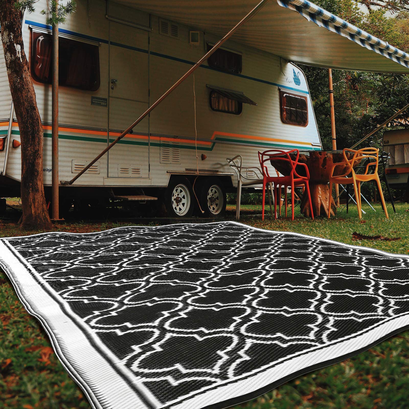 Outdoor Plastic Straw Rug - Waterproof Camping Rugs for Outside Your RV, Porch, Deck, Tent, Camper Accessories - Boho Patio Decor Mat / Carpet Clearance by Funky Strokes (Black and White, Large 6x9)