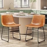 REONEY Dining Chairs Set of 2, 18" PU Leather Dinner Chairs, Brown | Modern Armless Kitchen Chair, Wear-resistant Leather Seat, with Metal Legs &amp; Curved Backrest, for Dining Room Cafe