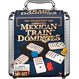 Mexican Train Dominoes Game in Aluminum Carry Case, for Families and Kids Ages 8 and up