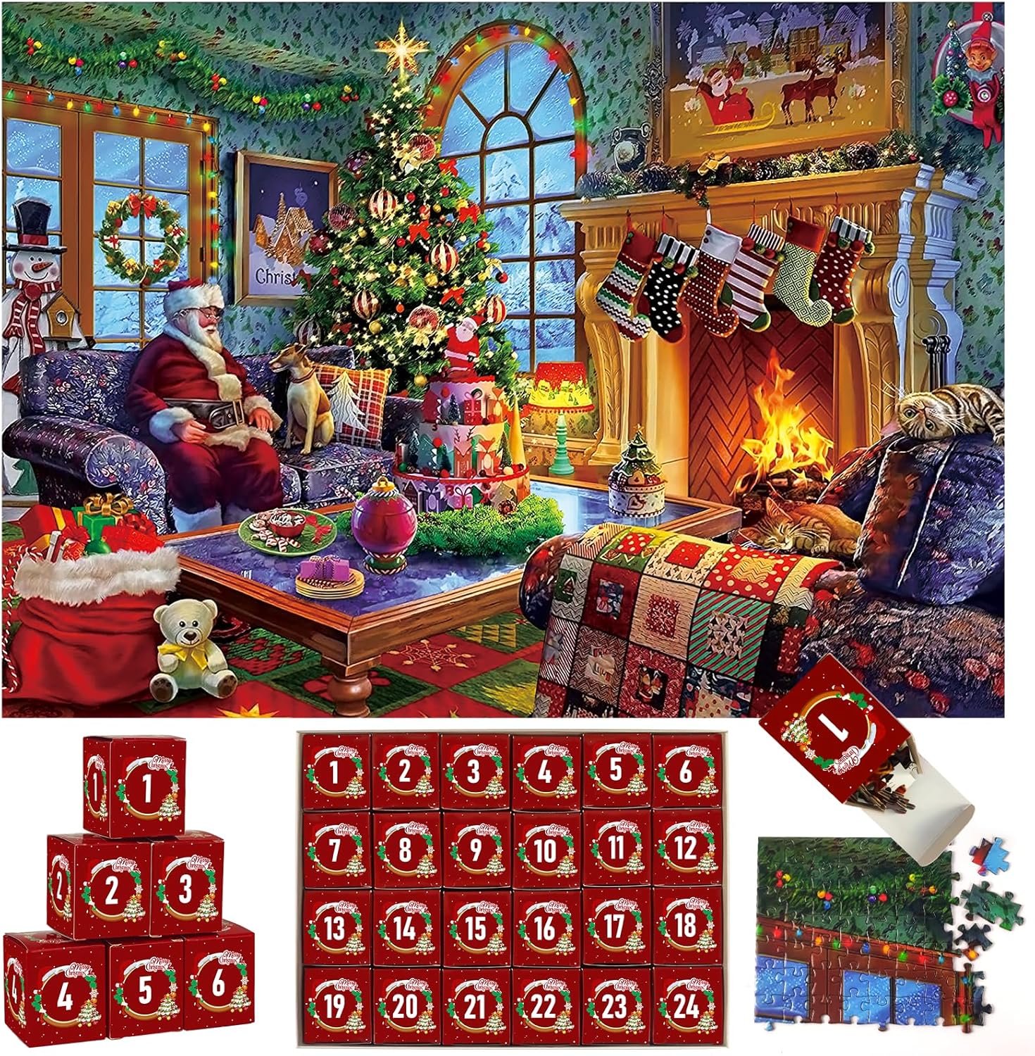Advent Calendars - Advent Calendar 2023 Christmas Jigsaw Puzzles for Kids Adults Boys Girls Teens, 24 Days Christmas Countdown Calendar - 1008 Pieces Puzzles - Santa Claus's Fireplace and Christmas Tree(27.6