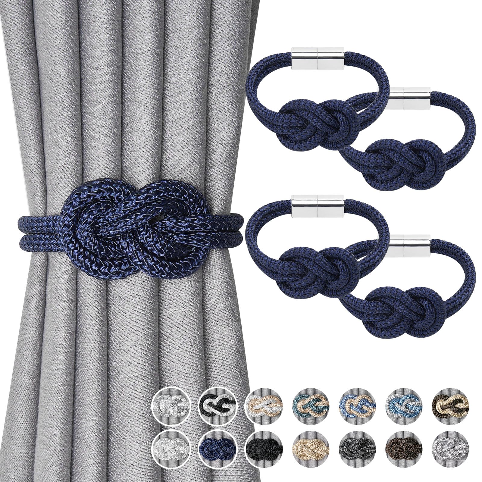 Pretty Jolly 4 Pack Mini Magnetic Curtain Tiebacks Nordic Simple Style Drape Tie Backs Elegant Hand Weave Rope Knot Decorative Curtain Holdbacks for Home & Office Window Drapery (Dark Blue)