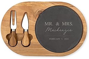 Weddingstar Custom Engraved Circular Wooden Acacia Plank and Slate Serving Tray Set with Fork and Cheese Knife - Mr. & Mrs.