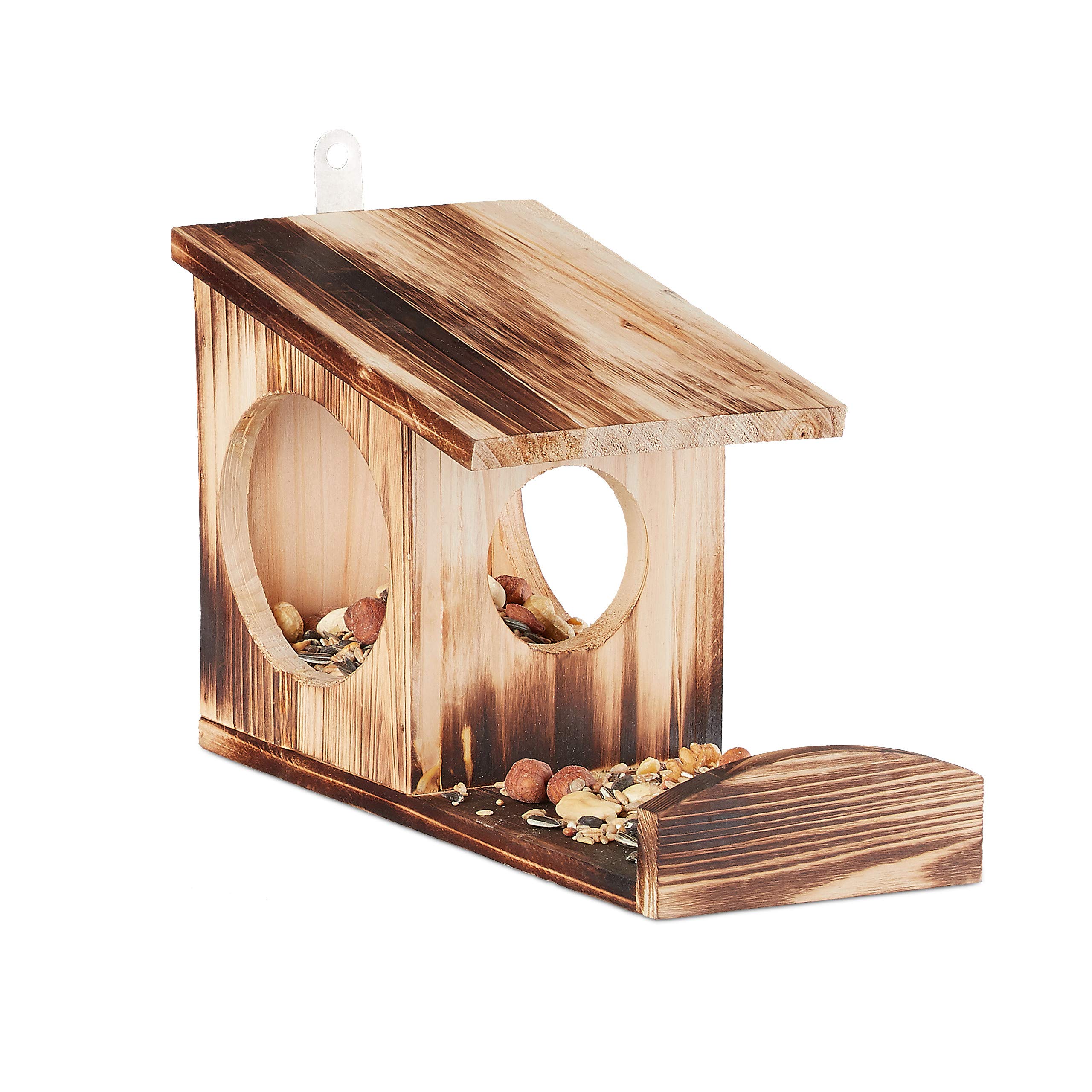Relaxdays Squirrel Feeder House, Feeding Station Box, Hanging, Wooden, HWD: 17.5 x 14 x 25 cm, Flamed