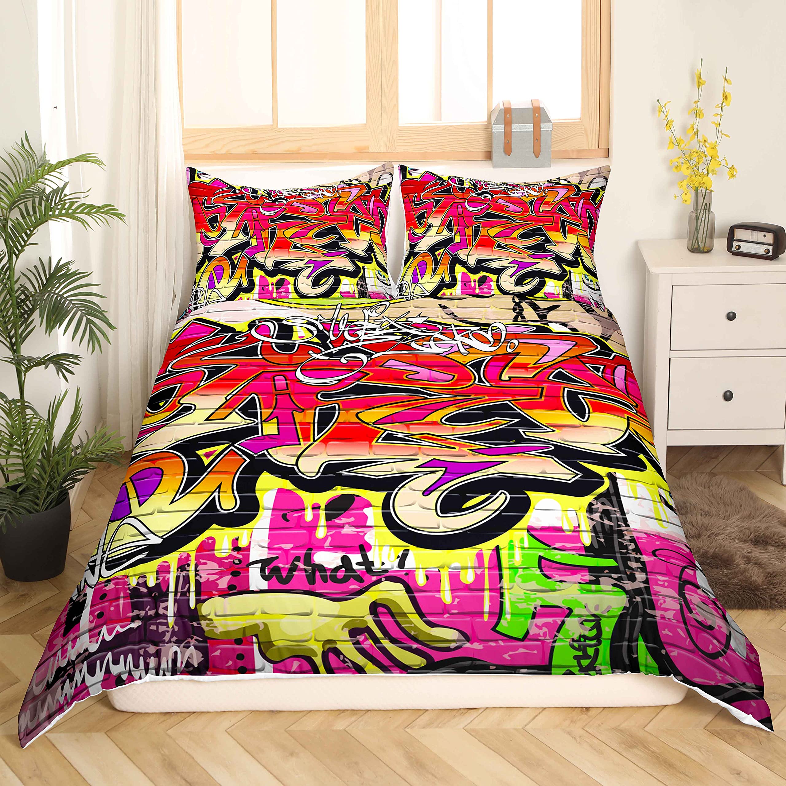 Hip Hop Comforter Cover Super King Street Culture Kids Boys Girls Bedding Set Graffiti Art Decor 3 Pcs Young Man Teen Youth Duvet Cover Set Modern Style Bedspread Cover with 2 Pillowcase Zipper