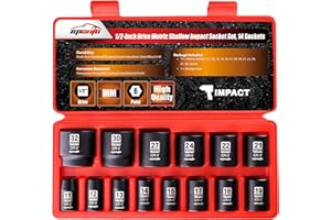 EPAuto 1/2-Inch Drive Metric Shallow Impact Socket Set, Cr-V, 6-Point, 14 Sockets