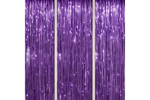 DECOCKRAT 3 Pack Foil Fringe Backdrop - Purple Shiny Tinsel Curtains for Party Decoration/Photo Booth Props - 3.3x8.2 FT Metallic Foil Backdrop for Birthday, Wedding, Graduation, Christmas.