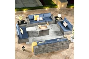 ovios 13 Pieces Patio Furniture Set, Outdoor Sectional Sofa with Rectangular Fire Pit Table, Wide Armrests and Deep Seat, Modern Modular Wicker Rattan Conversation Set, Denim Blue