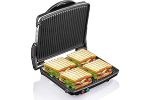 Panini Press Grill, Yabano Gourmet Sandwich Maker Non-Stick Coated Plates 11" x 9.8", Opens 180 Degrees to Fit Any Type or Size of Food, Stainless Steel Surface and Removable Drip Tray, 4 Slice