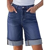 luvamia Jean Bermuda Shorts for Women High Waisted Knee Length Cuffed Long Stretchy Denim Shorts Loose Summer Jorts