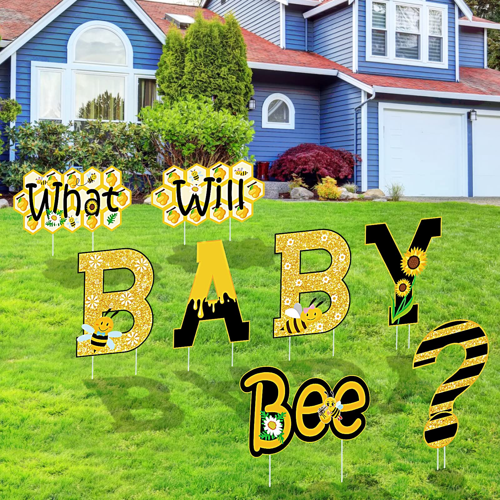 Photo 1 of Bee Themed Gender Reveal Decorations - BLOOMWIN Gender Reveal Bee Yard Sign - Boy or Girl Lawn Signs with Stakes for Outside - Bee Gender Reveal Party Supplies - What will Baby Bee