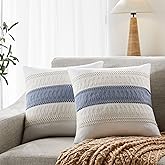 YZJZEDS Soft Cotton Boho Throw Pillow Covers Set of 2, Natural White/Contrast Blue 18x18 Inch, Blue Farmhouse Decorative Cushion Covers for Sofa Bed Living Room Home Decor