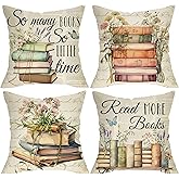 Fjfz Read More Books Decorative Throw Pillow Covers 18 x 18 Set of 4, Vintage Reading Floral Literary School Classroom Library Home Decor, Retro Sofa Couch Cushion Case Bookish Reader Book Lover Gifts