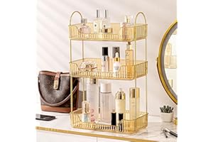 Weidace Bathroom Counter Organizer Countertop Shelf, Skincare Organizer Perfume Holder for Dresser, Bathroom Countertop Tray for Cosmetic, Skin Care, Lipstick (3 Tiers, Gold)