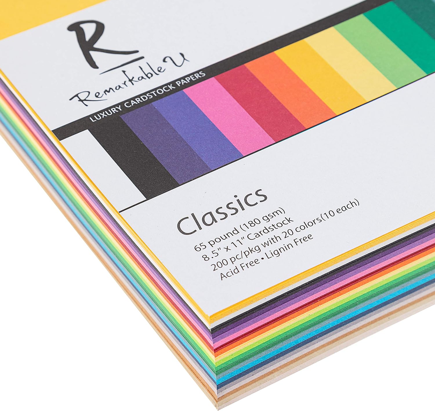 Premium Colored Cardstock Paper 8.5” x 11”, Assorted Classic Colors | 65lb Smooth Texture | Solid Core Card Stock for Crafts and Scrapbooking | 200 Sheets : Office Products