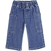KIDSCOOL SPACE Baby Girls Wide-Leg Cargo Jeans,Toddler Boy Elastic Waist with D-Ring Loops Stretch Denim Pants