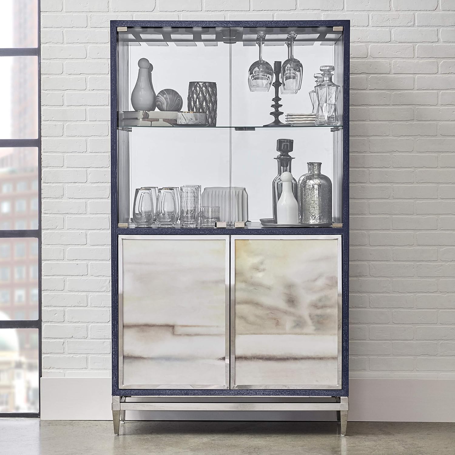 Amazoncom Modern Navy Blue Finish Mirrored Home Bar Cabinet Clear Contemporary Glass Veneer Wood Painted Silver Home Kitchen