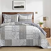 Boryard 3-Piece Queen Quilt Set, Lightweight Soft Full Size Quilt Plaid Patchwork Farmhouse Bedspread Coverlet Spring Bedding Set with Pillow Shams, Beige White Plaid Print