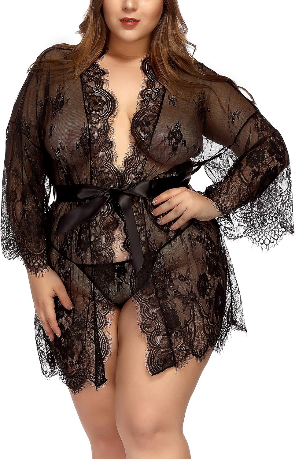 TGD Womens Lingerie Lace Plus Size Kimono Robe Mesh Nightgown Dress Sets at  Women’s Clothing store