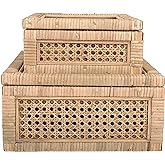Creative Co-Op Modern Decorative Square Woven Rattan and Wood Display Boxes with Glass Top, Set of 2 Sizes, Natural Finish