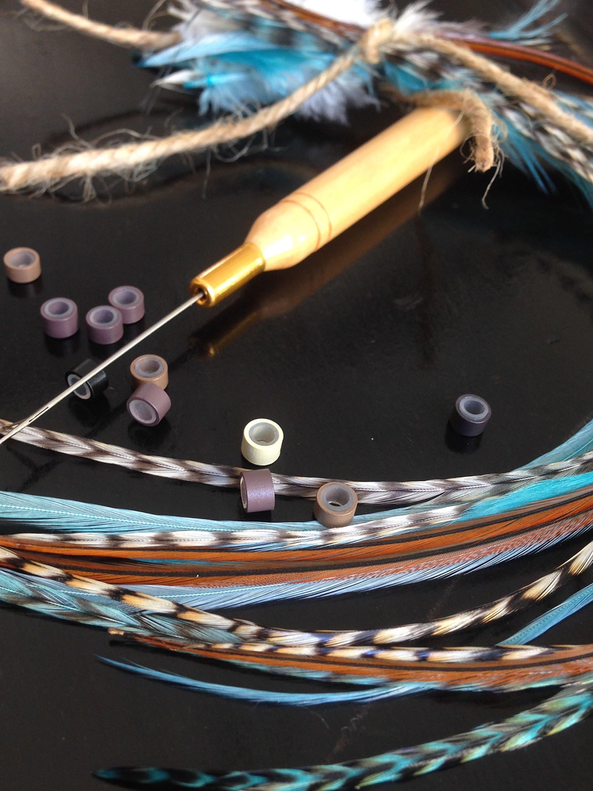 Feather Hair Extensions 21pcs kit-10 feathers 6-11"+ long Genuine Bohemian Rooster grizzly and solid The 'American Indian Collection' Turquoise and Naturals