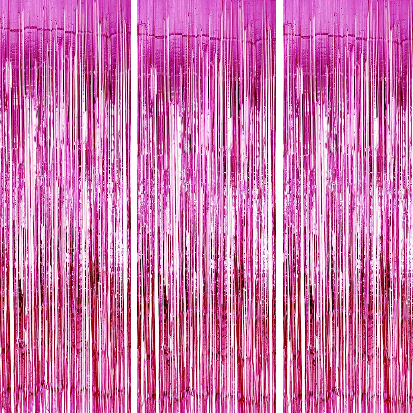 HONGCI 3pcs 3.2x6.5ft Macaron Hot Pink Tinsel Curtain Door Streamers Fringe Foil Curtain Photo Backdrop Birthday Party Decorations for Girls Women Hen Do Wedding Party Decor Banner Hot Pink