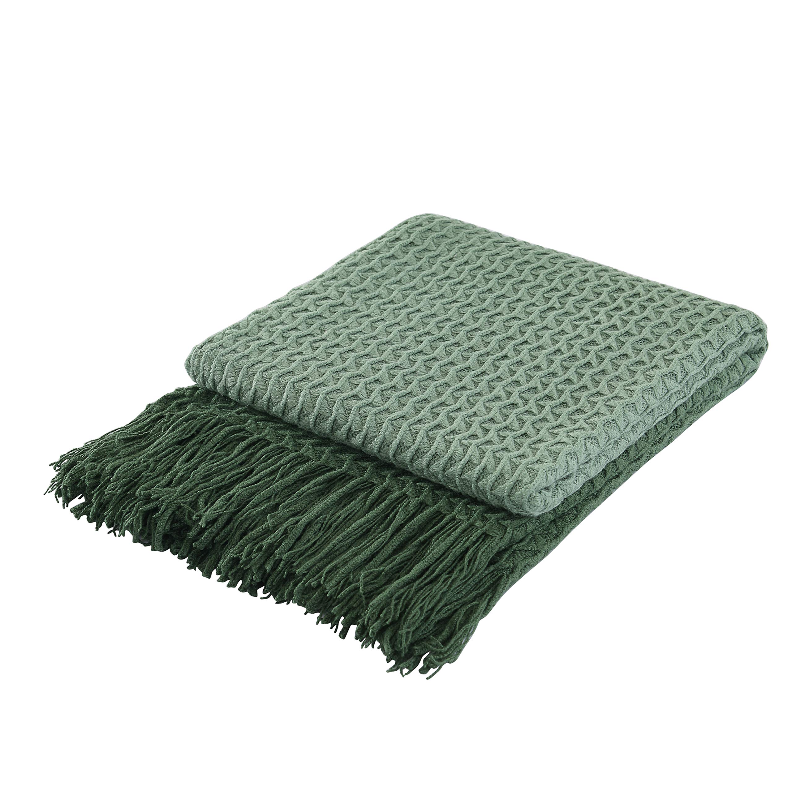 Super Soft Ombre Green Decorative Knit Throw Blanket for Sofa Couch Chair Bed, Lightweight Travel Blanket Nap Throw, Cashmere-Like Soft and Cozy, Delicate Weave Pattern with Fringe, 127x152cm
