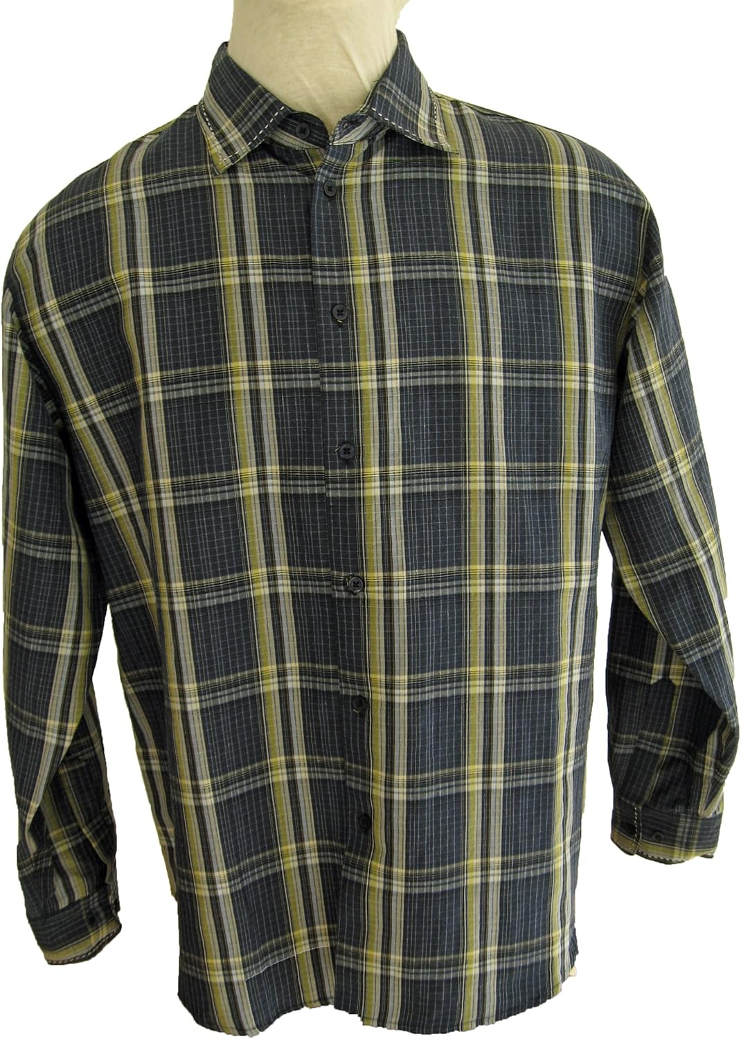Mens Silk Linen Blend Long Sleeved Navy Plaid Shirt M L XL XXL (Large