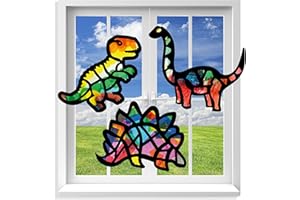 VHALE Suncatchers Craft 3 Sets (9 Cutouts) w Tissue Papers Stained Glass Effect Paper Sun Catcher Kit, Window Art, Classroom Crafts, Creative Art Projects, Kids Party Favors (Dinosaur)
