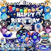 132pcs Space Birthday Party Decorations, 16 Guests Outer Space Birthday Tableware Set Outer Galaxy Party Plates Solar System Tablecloth Astronaut Balloons etc Space Astronaut Party Decorations